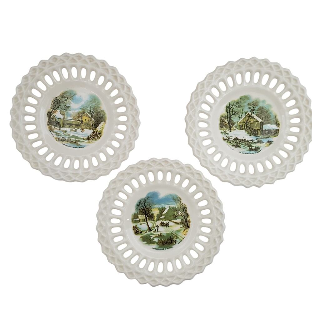 Vtg Florence Kellerman Winter Scene Plates Lace Trim Signed 1983 Lot of 3